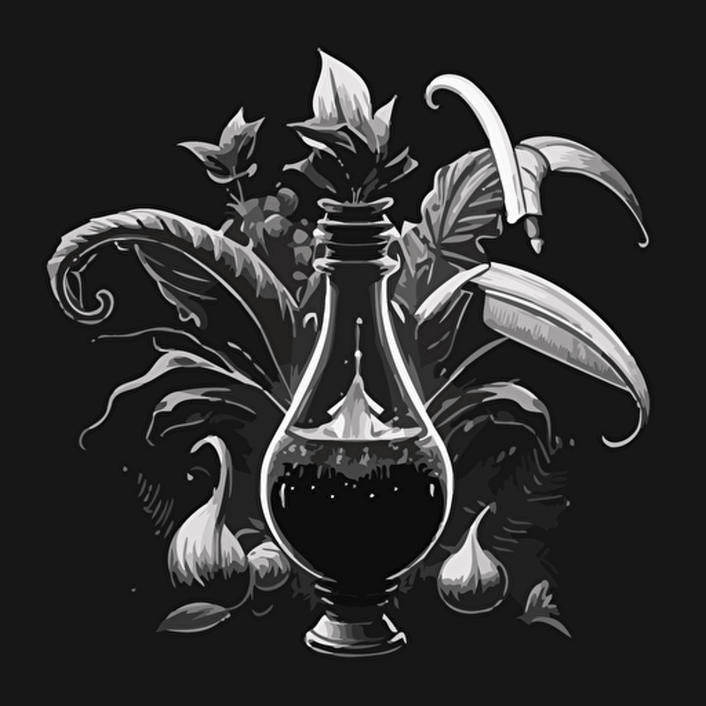 black and white vector image of magic potion and a bunch of bananas