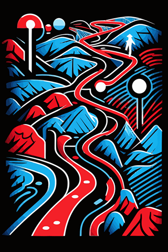 hiking map, simple geometrical shapes, blue, red and white colors, pop art deco illustration, hand vector art, black background,