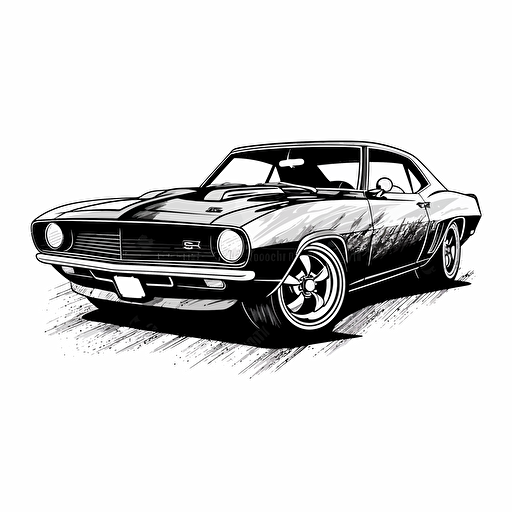restored classic muscle car, black and white design, vector isolated on white