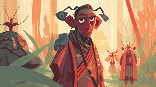 The leader of a nomadic tribe of bug-like creatures on a foreign jungle planet, his followers can be seen slightly blurred in the background behind him, close