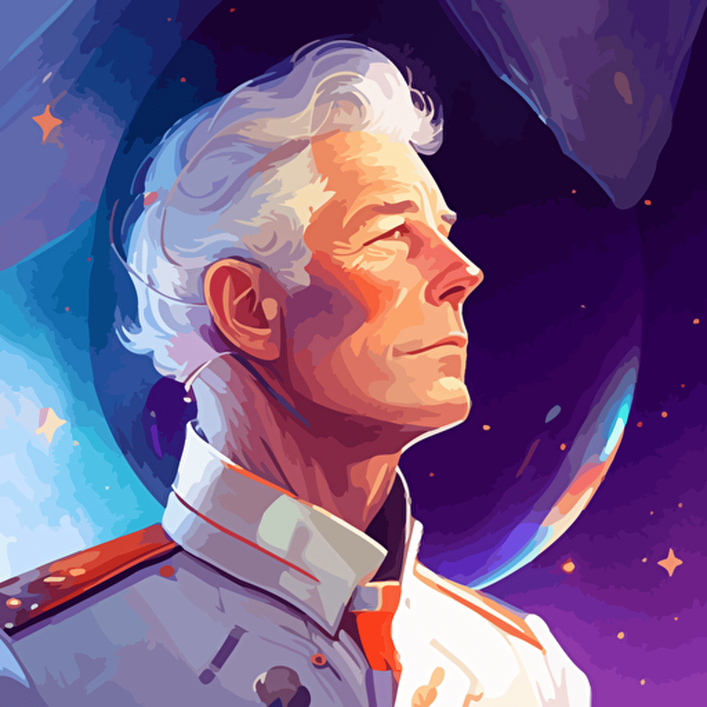 prince charles floating in space, gazing in wonder at a quasar, Clear, detailed face. Clean Cel shaded vector art by lois van baarle, artgerm, Helen huang, by makoto shinkai and ilya kuvshinov, rossdraws, illustration