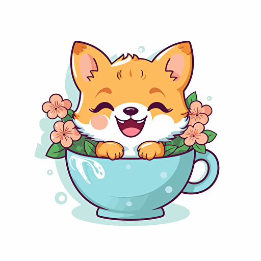 professional design vector, Happy cute colorful flower inu in a teacup, joy, vibrant colors, kawaii, contour, white background, smiling, happy, smile, joyful