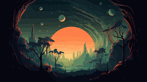 a jungle planet in space, centered, hazy atmosphere, green and orange colors, background is outer space, flat vector illustration