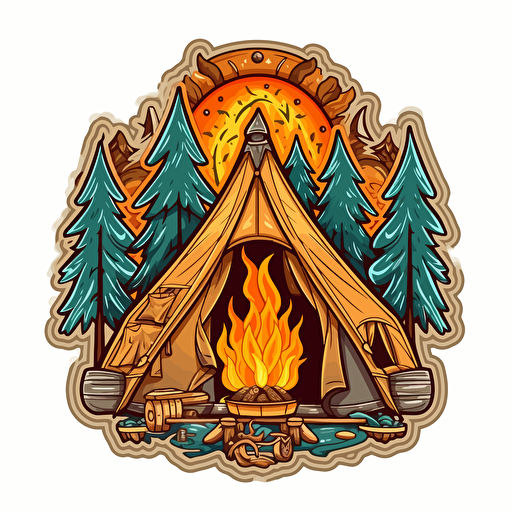 campfire and camping tent, Sticker, Blissful, Earthy, Folk Art, Contour, Vector, White Background, Detailed