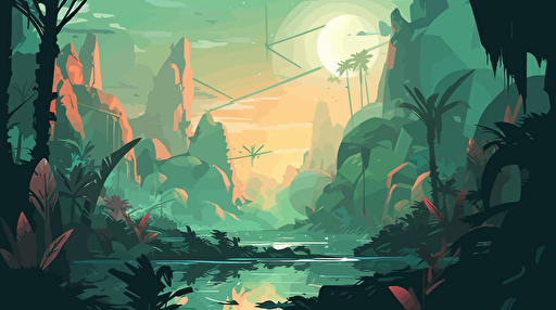 concept art map of a foreign jungle planet, flat vector illustration