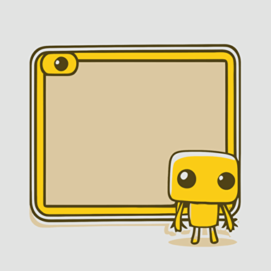 vector sticker style, rectangle border, transparent background, cute cartoon kawaii style, yellow backdrop inside with a small robot head in right hand lower corner of border