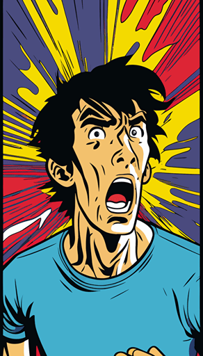 a panel from a Shōnen manga depicting a thin, black-haired man, 30 years old, surprised, shocked, color pop, flat vector art, scene in the suburbs, bright colors, high resolution
