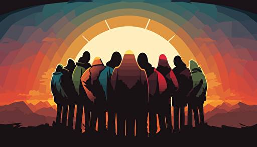 vector art, softly colored modern day people, small group, warmly huddled together praying with heads bowed and holding each other's hands. facing the horizon. A bright sunrise background. Make the angle wide angle with some depth of field