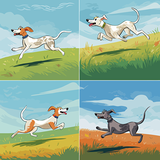 Four playful and cheerful cartoon dogs running and playing in a green field, each with unique markings and colors, against a bright blue sky, hand-drawn and colorful, simple clean vector