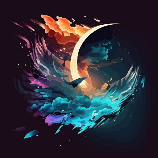 Close up of the moon, lighting, vector image, 3 colors, wings, clouds, rain,Shockwave,logostron