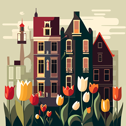 Flat vector of Tulip flowers, old Amsterdam houses and light house, minimalist — v 5