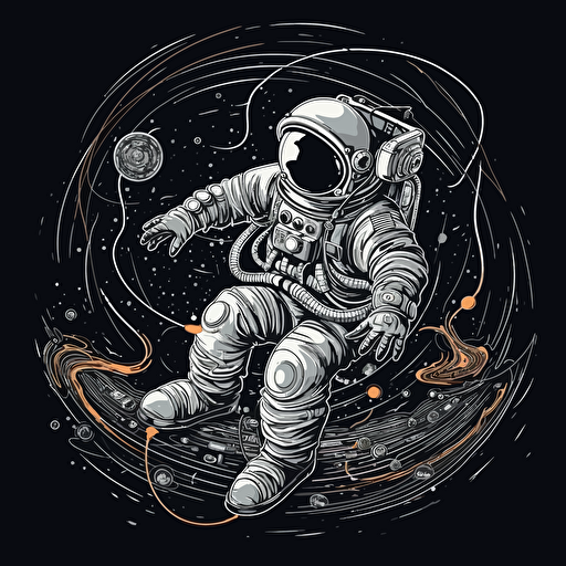 In the zero-gravity of space, the DJ astronaut deftly scratches a vinyl, creating interstellar beats that pulse through the galaxy, 2d vector on black background