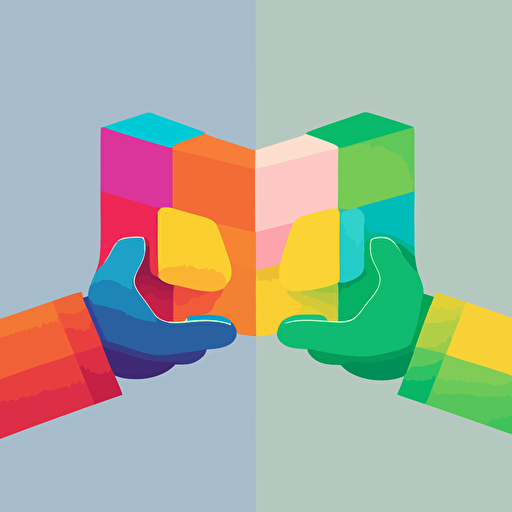 flat vector of two hands holding each other with block colours. Bright with a light background