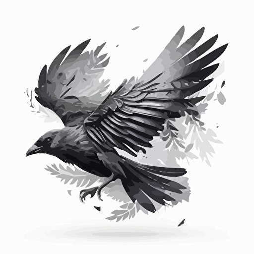 vector art minimalistic flying crow top view white background gray scale