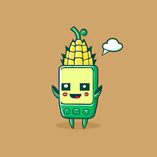 minimalistic flat vector logo of a futuristic cute cartoon corn holding a smartphone