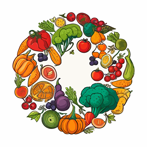 bright colored fruits and vegetables in a round design in doodle style. Vector drawing on a white background