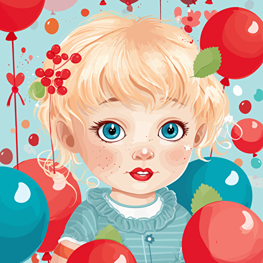 cute vector art illustration for a kids birthday party invitation with a strawberry theme, 1 year old girl with blond hair and blue eyes, 1st Birthday Party, happy mood, cute style, Vivid_Red, Light_Red