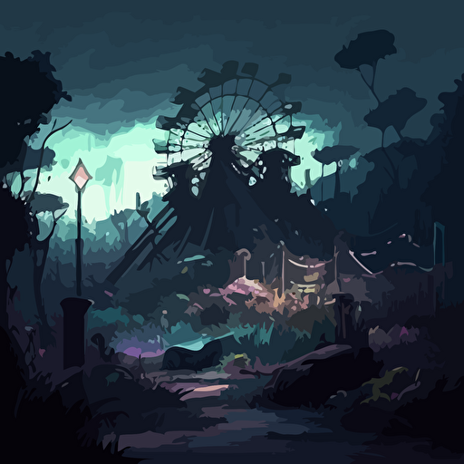 illustrate a detailed scene, Set from vacant woods in the foreground. Surrounded by magical glowing plants, shrubs, trees, dead roses, with a view of a abandoned city, broken carnival rides in the background, broken billboard. Incorporate a gloomy and dreadful vibe to evoke a sense of eerieness and wonder. Use a digital painting style reminiscent of Thomas Kinkade and James Gurneya illustration, drawing, flat illustration, vector style