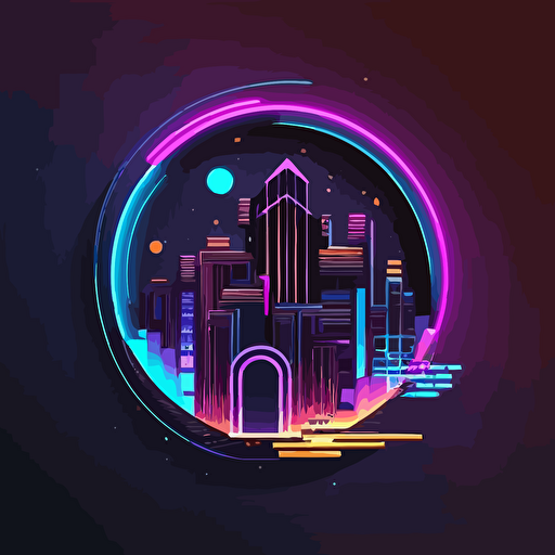 logo futuristic detailed neon lights simple circle illustration cartoon vector, skypunk architecture abstract, shapes, simple, one color