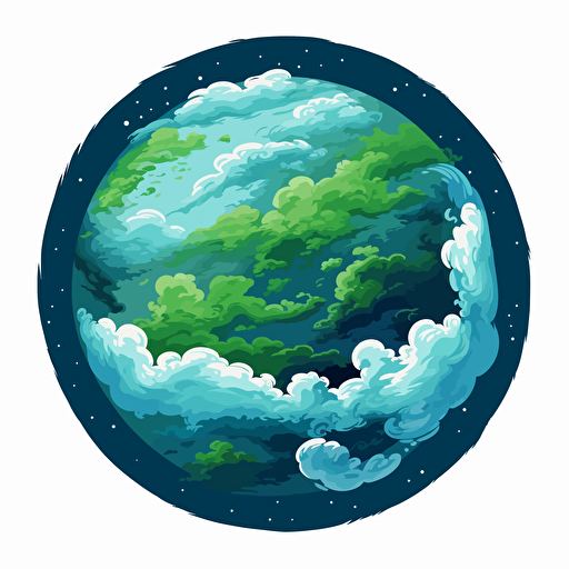 the world seen from space with clouds around it, green and blue planet, clouds are white, vector art, cartoon, background should be solid black