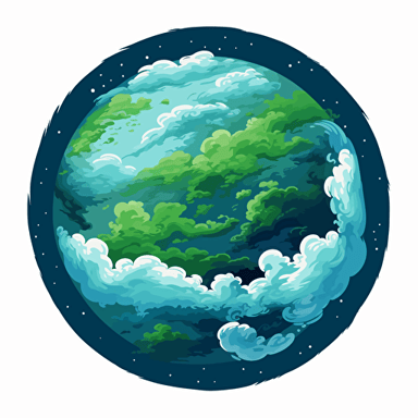 the world seen from space with clouds around it, green and blue planet, clouds are white, vector art, cartoon, background should be solid black