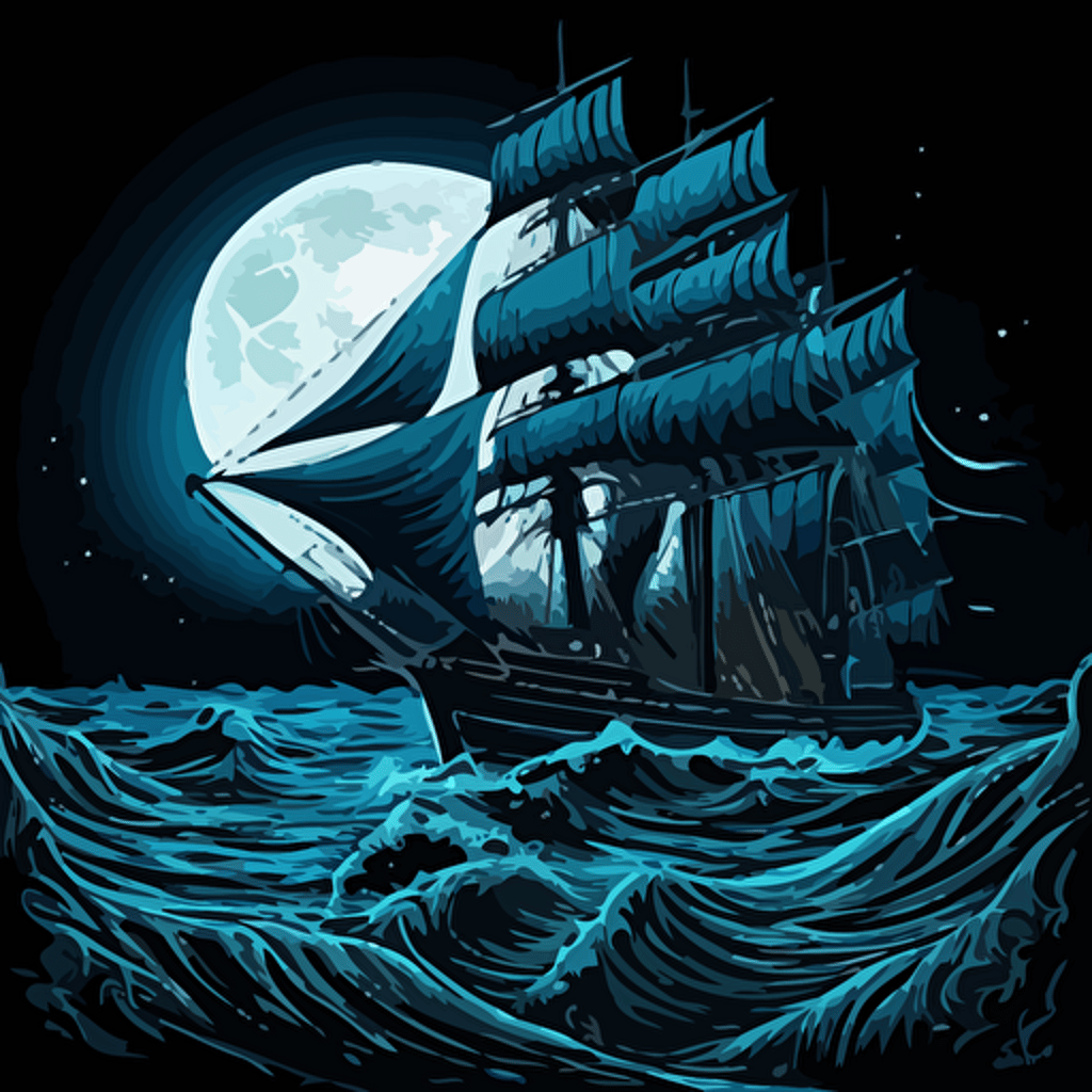 nautor swan 53 at night on rough seas with huge moon. shades of blue vector style.