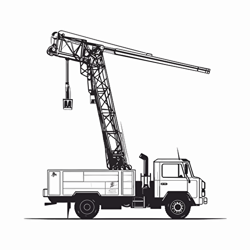 a flat, minimal, black and white, vector, outline only, bucket truck