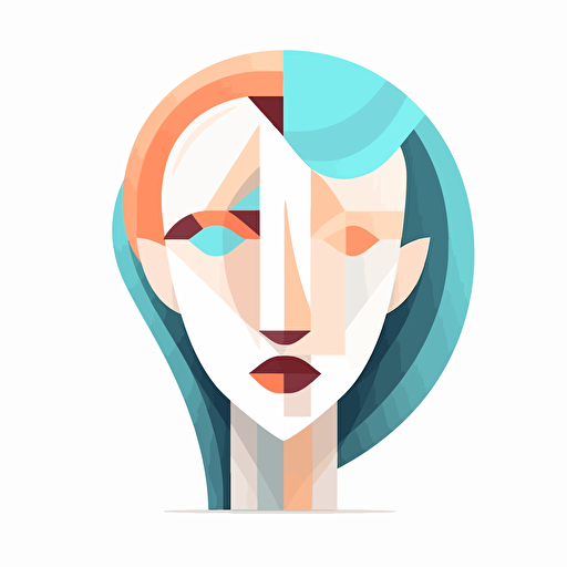 female head, front view, minimalistic illustration, flat planes, vector art