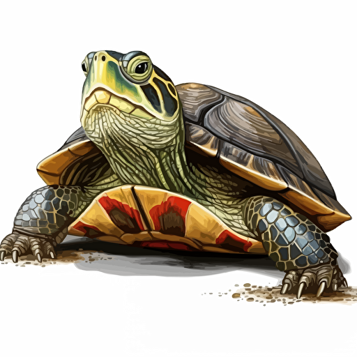 Red-Eared Slider looking straight in the camera, white bg, vector