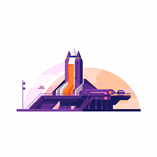 spaceship preparing for launch, 2D, vector, flat art, fedex purple and orange