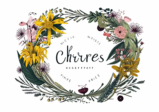 A white rectangle with a name surrounded by illustrated botanicals and flowers, wreath, vector flat, PNG, SVG, vector illustration