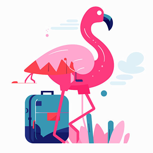 Vector art of pink flamingo traveling with suitcase or backpack, simple, modern, flat colors, flat, vector art pack, organized in a grid, clean white background