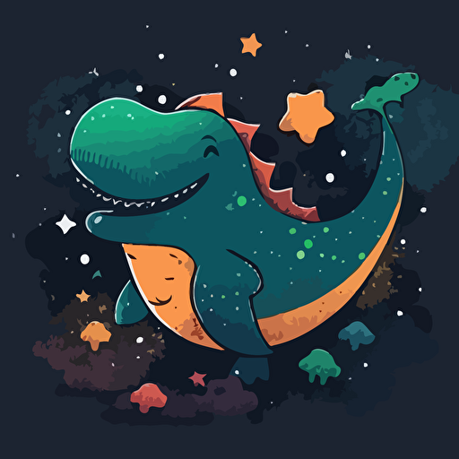 Cute Dinosaur floating in space surrounded by stars and galaxies, cute happy smiling adorable, vector illustration style