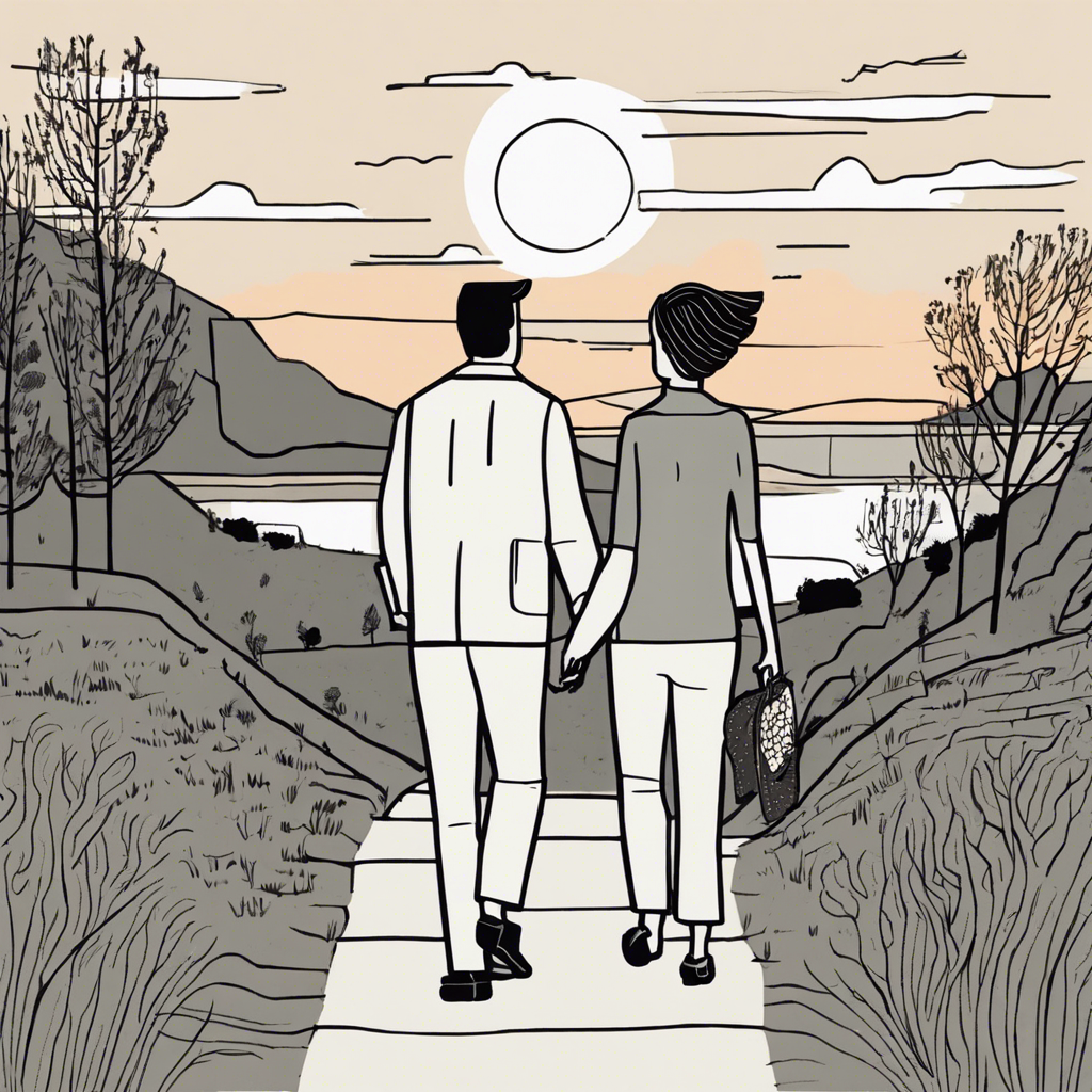 a couple walking together at the sunset, illustration in the style of Matt Blease, illustration, flat, simple, vector