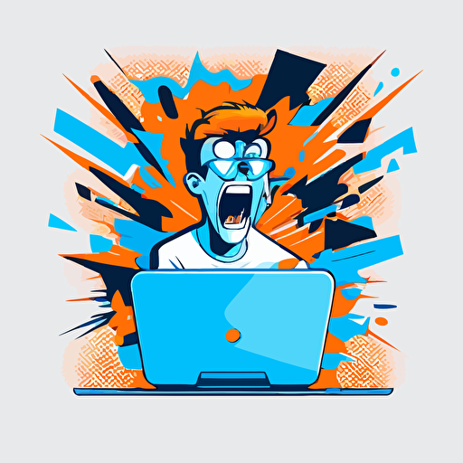 a modern futuristic minimal vector logo of a gamer nerd raging in front of a computer because he lost an important game, orange blue white background