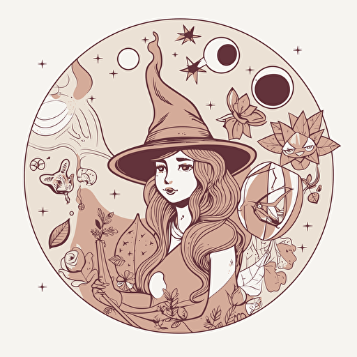 witchy, Sticker, Lovely, Earthy, light art style, Contour, Vector, White Background, Detailed