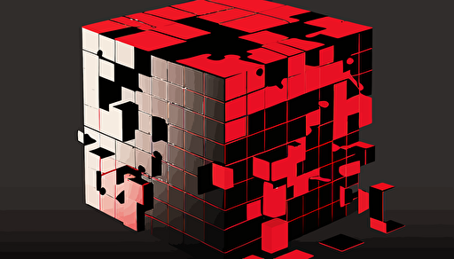 minimalist, vectorized, red and black colors, print layer , delicacy, elegant, one big cube morphing to several smaller cubes