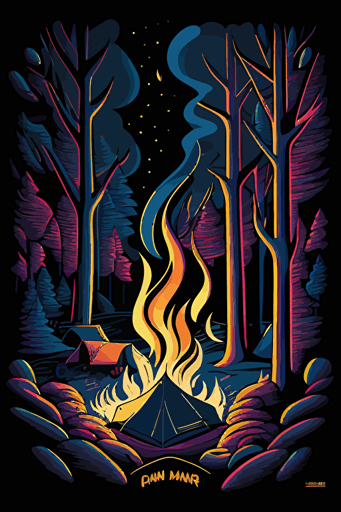campfire, three colors, pop art deco illustration, hand vector art, black background,