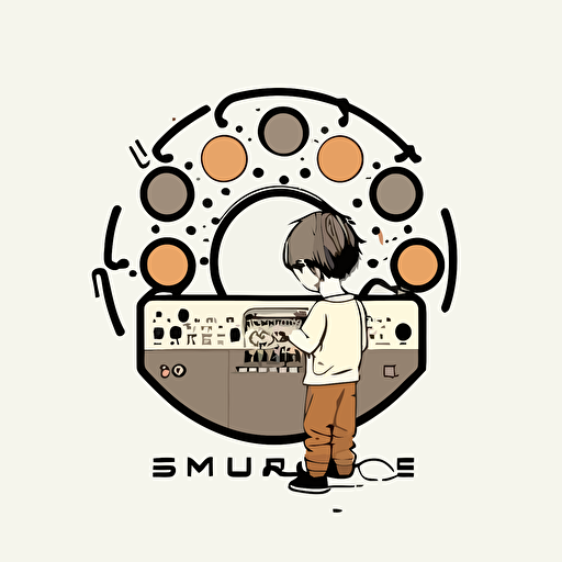 simple logo design, 2d vector, a boy playing with a modular synthesizer inside a circle, minimal