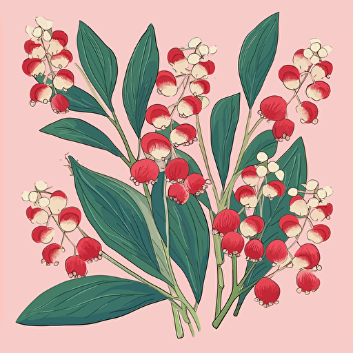 a vector flat image of a curved single stem of gum flowers up close. No shading. Block print red pink and green. Up close. With leaves. Accurate.