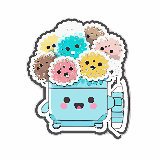 die-cut sticker, cute kawaii megalomaniac grinding gears sticker, white background, illustration minimalism, vector, oceanic tones.