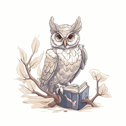 a happy Owl reading a book, gray color and cream color owl, sitting on a branch, white background, vector illustration, illustration
