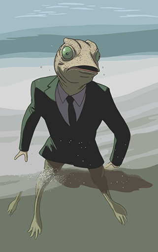 flat vector illustration by frank quitely of a humanoid anthropomorphic gecko wearing a suit in the sea breaking the surface coming up to breathe