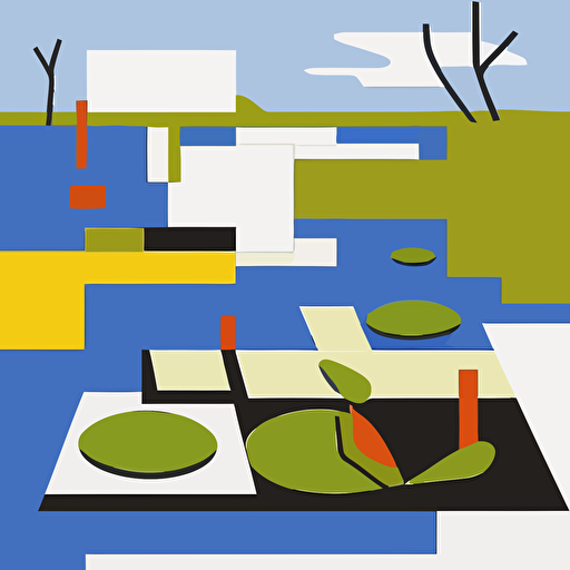 Influenced by Piet Mondrian's geometric abstraction, create a vector illustration of a pond scene where frogs are represented by a combination of simple, rectangular shapes and primary colors. Set the scene in a stylized, modern environment.