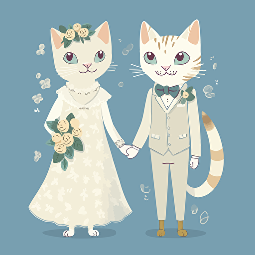 Vector art of a girl cat dressed as a bride and a boy cat dressed as a groom, in the style of Britta Teckentrup illustrations