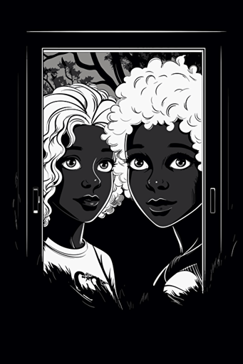 liniar art, black and white vector style, outline of two girls peeking through the window of a souterrain window, you only see there eyes, one afro silhouette girl one blond girls silhouette girl, they have big bambi like eyes, you only see there eyes peeking over the ledge of the window, white background, logo style