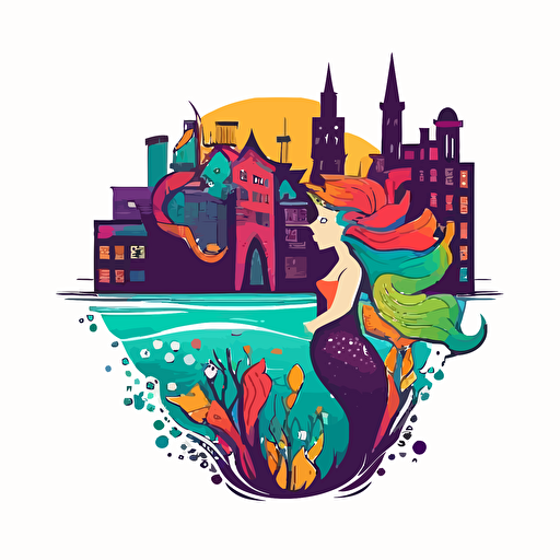 colorful mermaid swimming through the bad part of a city, vector logo, vector art, emblem, simple cartoon, 2d, no text, white background
