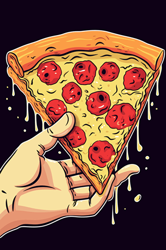 a perfect hand offering a big cheesy slice of pizza, cartoon style, vector art, by Hannah Barbara and John K., in the style of Ren & Stimpy