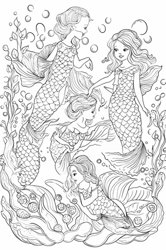 colouring book for kids, various mermaids separated by space, cartoon style, vector, little detail, no shadow, black and white, white background