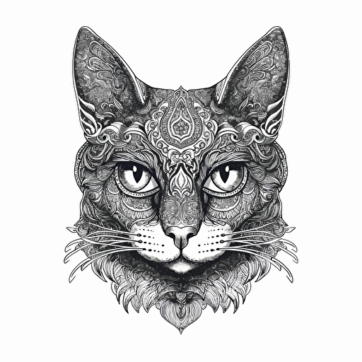 Gustave Dore style illustration vector of gothic cat, face painted, no color, no shading, vector, black and white, white background